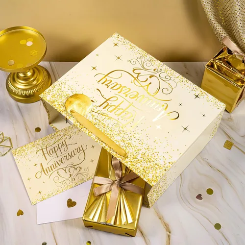 Vista 4 de LeZakaa Bolsa de aniversario de boda de 13 pulgadas con papel de seda, etiqueta y tarjeta de felicitación, bolsa de regalo con purpurina dorada