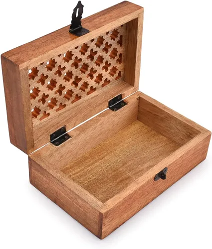 Vista 4 de Caja decorativa de madera de mango con tapa con bisagras, caja de almacenamiento de madera, decoración con tapas (8 x 5 x 3 pulgadas)