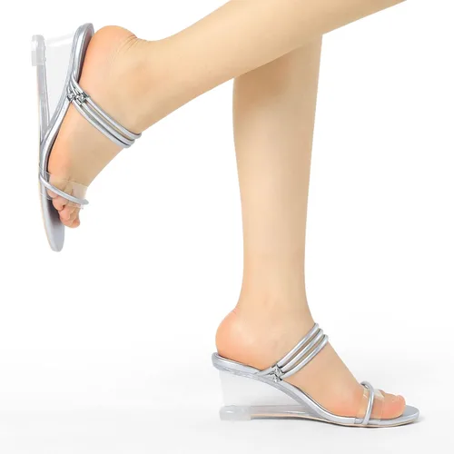 Vista 2 de Allegra K Sandalias de tacón transparente de cuña baja para mujer, Claro