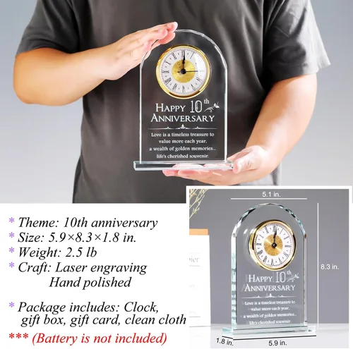 Vista 3 de YWHL Reloj de aniversario de 10 años para ella, regalo de recuerdo de cristal para el 10º aniversario de boda, regalo para pareja