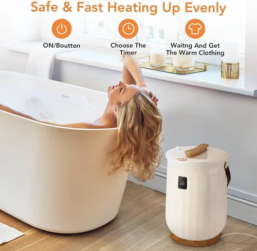 Vista 4 de Towallmark Calentador de toallas, calentador de lujo estilo cubo grande para baño con pantalla LED, temporizador ajustable, se adapta a hasta dos