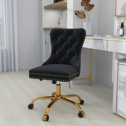 Vista 8 de ABET - Silla giratoria de terciopelo para escritorio, respaldo alto copetudo, sin brazos dorados, color negro
