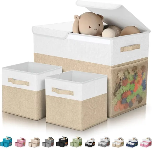 Vista 13 de Paquete de 3 Cajas Grandes de Almacenamiento de Juguetes de 23" con Cubos Contenedores de 11", Organizador Cofre de Juguetes Plegable con Tapas