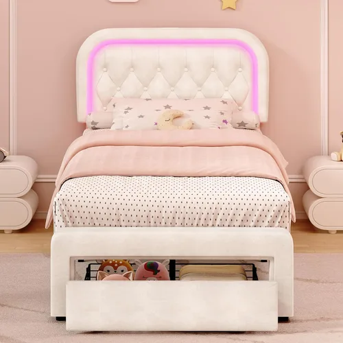 Vista 13 de Marco de cama Queen con cabecero, marco de cama LED tapizado, sin somier Base de cama tapizada tamaño queen con estación de carga tipo C y USB