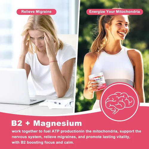 Vista 3 de Gomitas de vitamina B2 con riboflavina de 400 mg con magnesio para niños y adultos, gomitas B2 para aliviar la migraña, alivio del dolor de cabeza