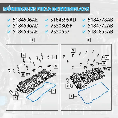 Vista 3 de Juego de juntas de tapa de válvula - Compatible con 3.6L V6 Dodge Journey, Durango, Avenger, Jeep Cherokee, Wrangler, Ram 1500, ProMaster, Chrysler