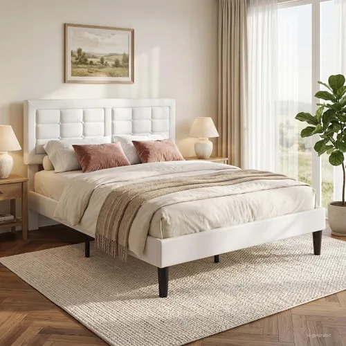 Vista 16 de VECELO Base de cama tamaño matrimonial, cabecera tapizada ajustable con botones, marco de cama resistente con soporte de listones de madera,