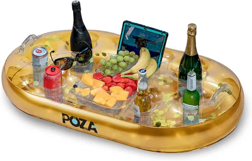 Vista 12 de POZA Hielera flotante inflable dorada – Lujoso soporte para bebidas relleno de confeti brillante, flotador de fiesta premium con 8 soportes, barra