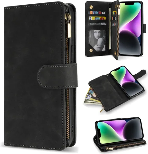Vista 10 de ZZXX Funda tipo cartera para iPhone 14 Plus con [Bloqueo RFID] Ranura para tarjetas Cuero PU suave premium con cremallera tipo folio plegable