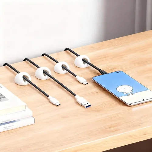 Vista 5 de Clips organizadores de cables de cable, paquete de 4 soportes de cable de carga con soporte para regleta de alimentación para escritorio, mesita