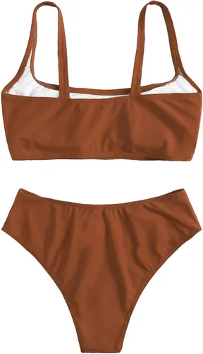 Vista 2 de SweatyRocks - Bikinis con cuello redondo y talle alto para mujer, de colores lisos