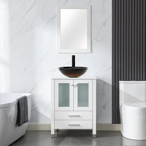 Vista 33 de LUCKWIND Combinación de tocador de baño de 24 pulgadas con lavabo, serie elegante con marco pintado, armario de almacenamiento de baño de dos