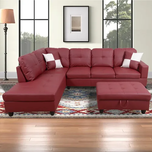 Vista 17 de Sofá modular para sala de estar, sofá seccional de cuero marrón en forma de L con diván y otomano de almacenamiento para sala de estar, B- marrón