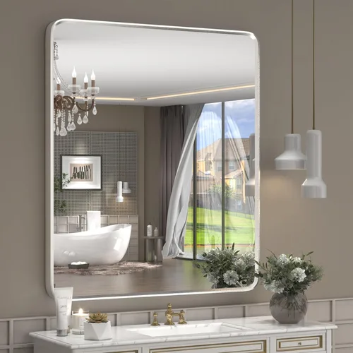 Vista 24 de Espejo rectangular con marco mate negro de 20x30 pulgadas para baño, espejo de tocador para pared de baño con esquinas redondeadas, antióxido y a