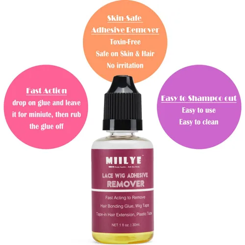 Vista 7 de MIILYE Removedor de pegamento para peluca, 2 botellas, removedor de extensiones de cabello con cinta Solvente para residuos adhesivos, peluca