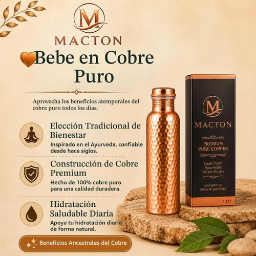 Vista 5 de Botella de agua 99.97% de cobre puro, botella reutilizable de alta calidad para agua potable, diseño resistente a las fugas, vasos tradicionales
