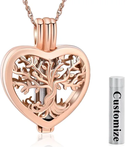 Vista 9 de shajwo Collar de cenizas de urna de cremación de corazón para mujeres y hombres, vial de árbol de la vida, colgante de cenizas de cremación