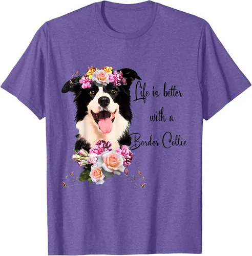 Vista 8 de Life is Better With a Border Collie - Camiseta de perro lindo con flores, gris, S Gris Oscuro