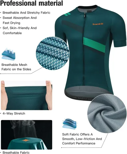 Vista 2 de Santic Camiseta de ciclismo para hombre, manga corta, camiseta de ciclismo de carretera, con cremallera completa, UPF 50+, MTB con bolsillos