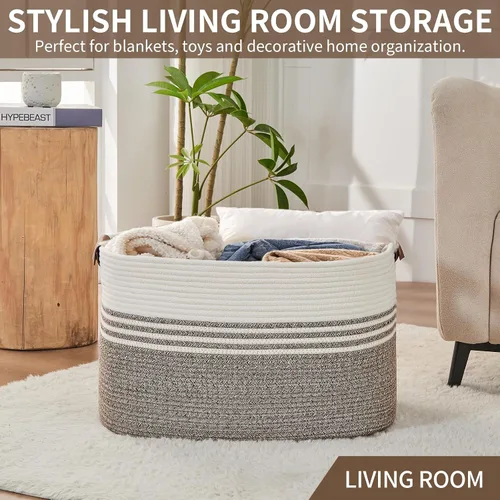 Vista 15 de DOFASAYI Cesta de lavandería grande de 72 litros con asas de cuero, cesta de almacenamiento decorativa para mantas, cesta de ropa para sala