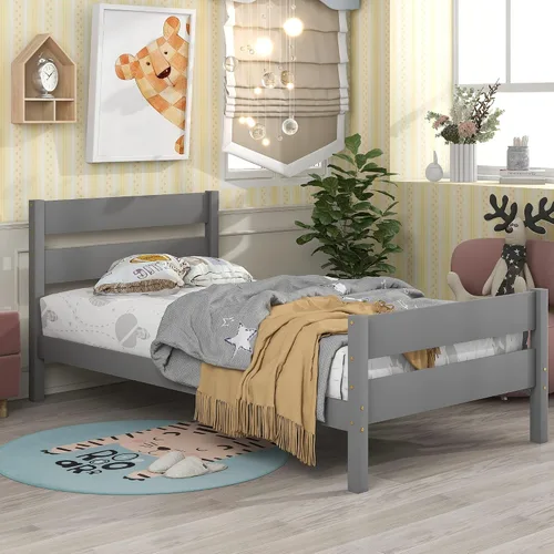 Vista 3 de Base de cama individual de madera con cabecero y estribo, base de colchón de plataforma individual con soporte de listones de madera para niñas