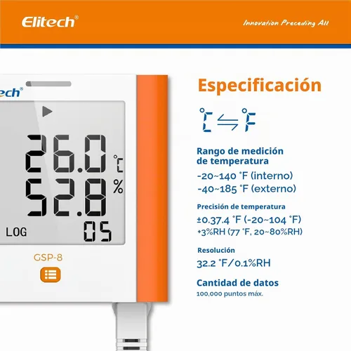 Vista 2 de Registrador de datos Elitech GSP-6 de temperatura y humedad, de 16,000 puntos, refrigeración, cadena fría
