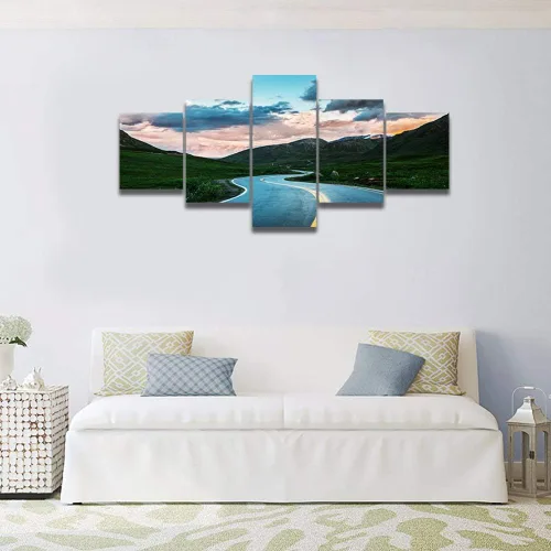 Vista 4 de TUMOVO Lienzo decorativo para pared de sala de estar, 5 paneles de naturaleza, Alaska, Estados Unidos, autopista alrededor de montañas, paisaje