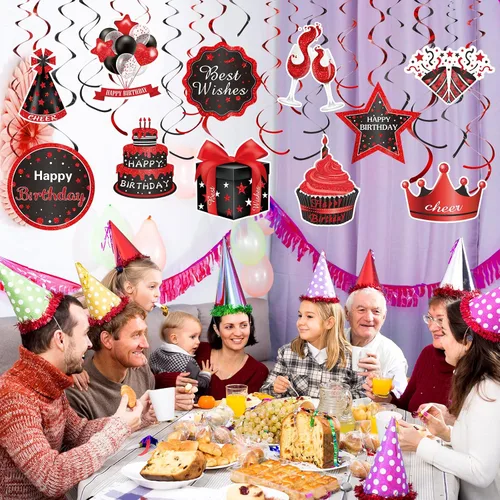 Vista 5 de Funrous 30 remolinos colgantes de feliz cumpleaños rojos y negros, decoraciones de fiesta de cumpleaños, decoraciones de remolinos colgantes