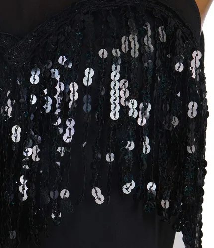 Vista 6 de Vestidos de baile latino con flecos para mujer, disfraces de competencia de cha cha, vestido de baile de baile, traje de baile de tango, negro, S