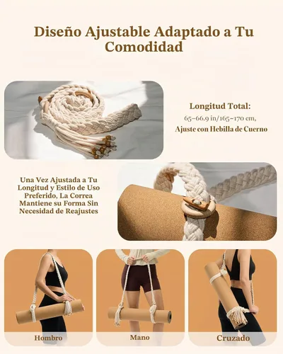 Vista 4 de Correas para esterilla de yoga para llevar, hechas a mano, trenzadas, bohemias, con borlas, correa de macramé, ajustable, gruesa, soporte