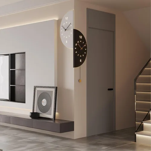 Vista 4 de Reloj de pared de esquina semicircular de doble cara con péndulo, movimiento de cuarzo silencioso, funciona con pilas, reloj decorativo para sala