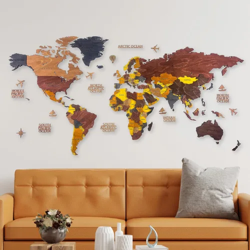Vista 11 de Mapa del mundo, decoración artística para pared, mapa de madera, mapa del mundo de madera 3D, mapa grande para pared, mapa colorido de madera