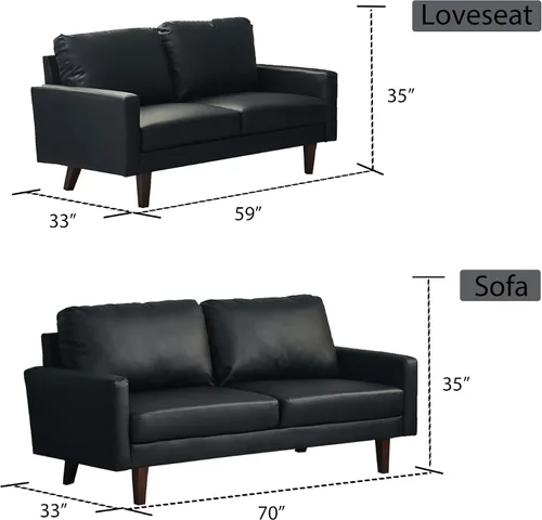 Vista 3 de INSTORY Sofá de cuero Sofá moderno con patas de madera para sala de estar, oficina - negro