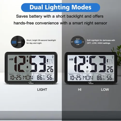 Vista 4 de WallarGe Reloj de Pared Atómico con Retroiluminación, Reloj de Pared Digital que Funciona con Pilas para Aula, Dormitorio, Oficina, Pantalla Grande