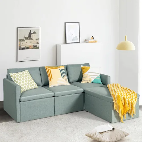Vista 9 de POWERSTONE Sofá seccional convertible moderno en forma de L con tumbona reversible de 3 asientos, cómodo sofá de tela de lino para sala de estar