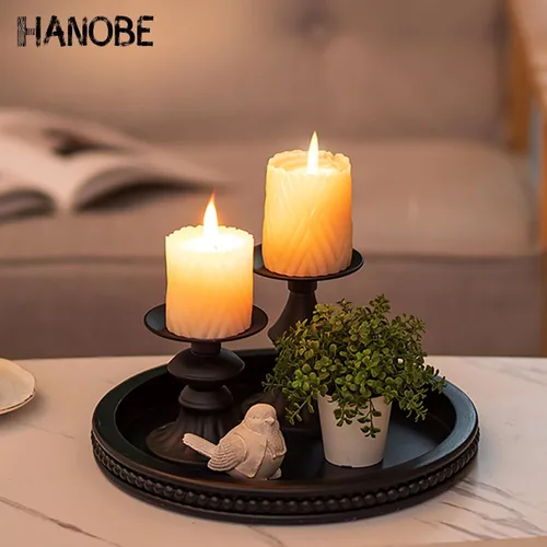 Vista 4 de Hanobe Bandeja decorativa negra para mesa de café, redonda, borde con cuentas 11.8-inch wood tray for living room, kitchen counter, or entryway