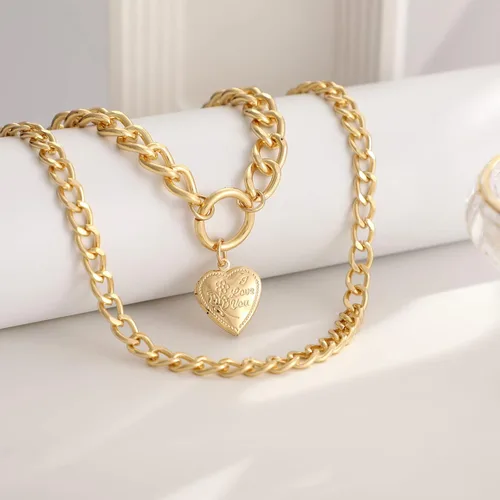 Vista 7 de MJartoria Gold Layered Necklaces for Women Trendy Retro Heart Locket Pendant Cuban Chain Necklace Chunky Chain Choker Necklaces for Girls Jewelry