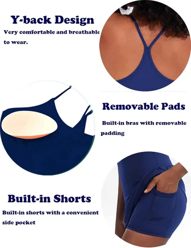 Vista 7 de Vestido de entrenamiento para mujer con brasier y pantalones cortos integrados, sin mangas, vestido atlético de tenis y golf con bolsillos