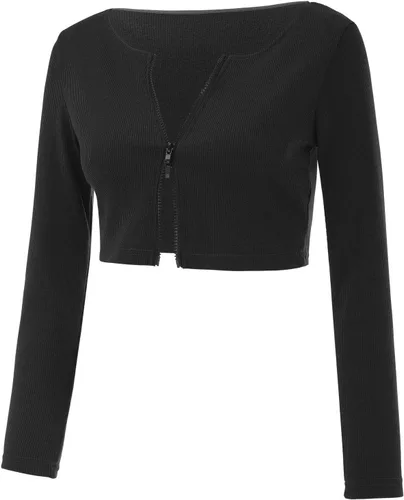 Vista 5 de Long Sleeve Crop Tops for Women Boat Neck Slim Full Zip Up Fitted Kintted Plain Fall Tshirts Tee Bottoming Rib Knit Spring