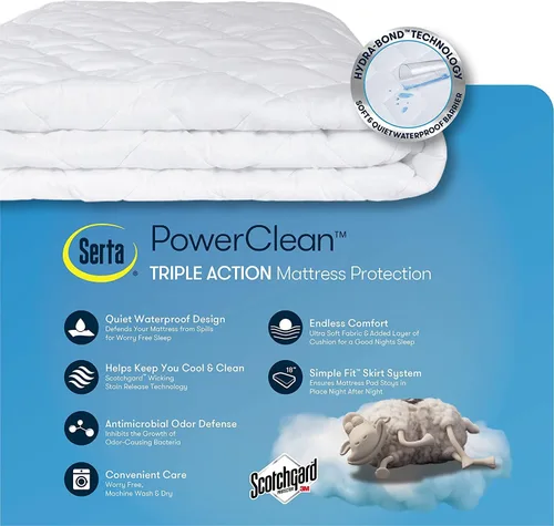 Vista 5 de SERTA Power Clean - Protector de colchón acolchado de triple acción, impermeable, protección que absorbe la humedad con bolsillo profundo de 15
