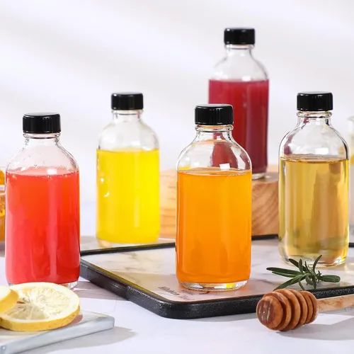 Vista 6 de 6 Pack, botellas pequeñas de vidrio transparente de 4 onzas con tapas y 2 embudos de acero inoxidable - Botella de muestra Boston de 120ml