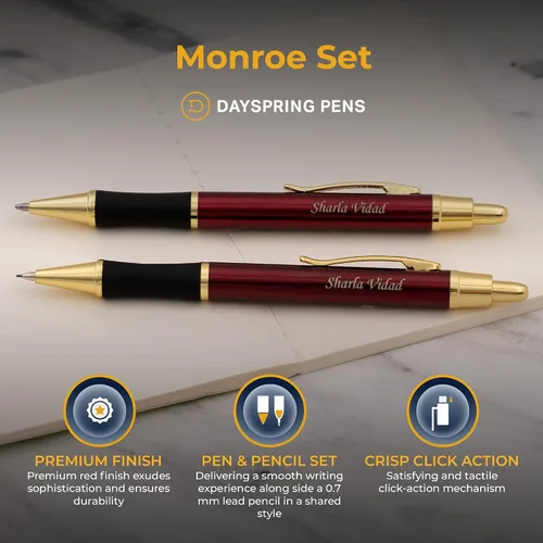 Vista 4 de Dayspring Pens Monroe - Juego de bolígrafos y lápices, laca roja con borde dorado, grabado personalizado, regalo de graduación, aniversario