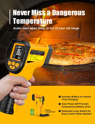 Vista 5 de NJTY Pistola Termómetro Infrarrojo, -58℉ a 1472℉, Alta Precisión, Sensor de Temperatura Láser Sin Contacto con Pantalla LCD Retroiluminada