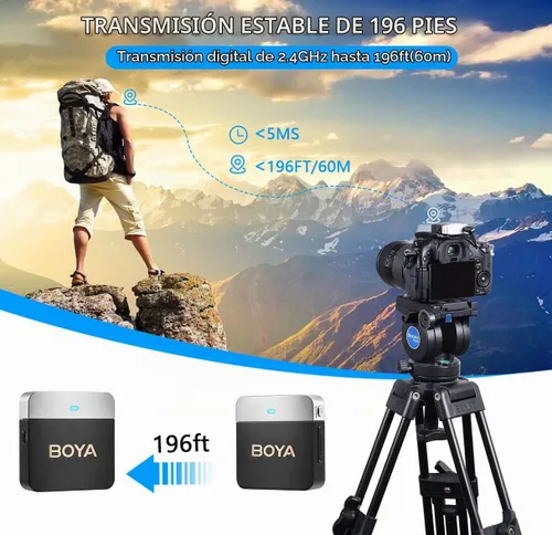 Vista 5 de BOYA Micrófono Lavalier inalámbrico de 2.4 GHz Duan Channel Sistema de micrófono inalámbrico con transmisor y 1 receptor para cámara iPhone