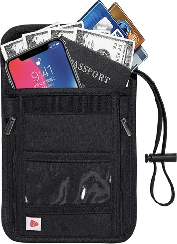 Vista 3 de Cartera de cuello con bloqueo RFID, bolsa de viaje para pasaporte para mujeres y hombres, color negro