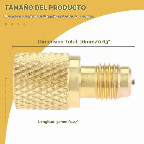 Vista 5 de Adaptador de latón R134A, adaptador de tanque de refrigerante de freón hembra de 1/4 pulgadas macho a 1/2 pulgada hembra con núcleo de válvula