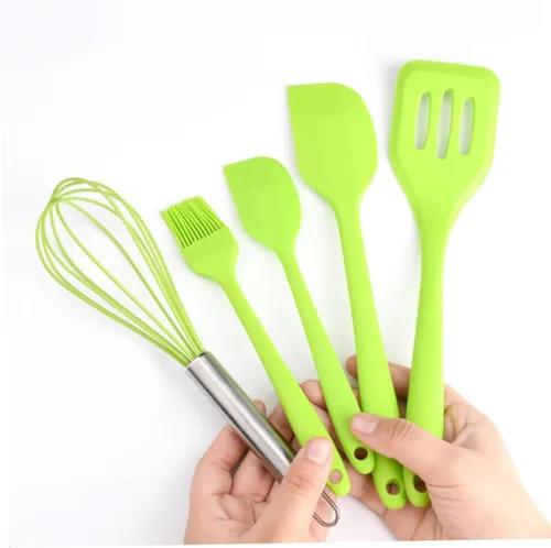 Vista 9 de TOYANDONA 5pcs Silicone Baking Utensil Set Non-stick Kitchen Cooking Tools Heat Resistant Green Household Kitchenware with Stainless Steel Handles