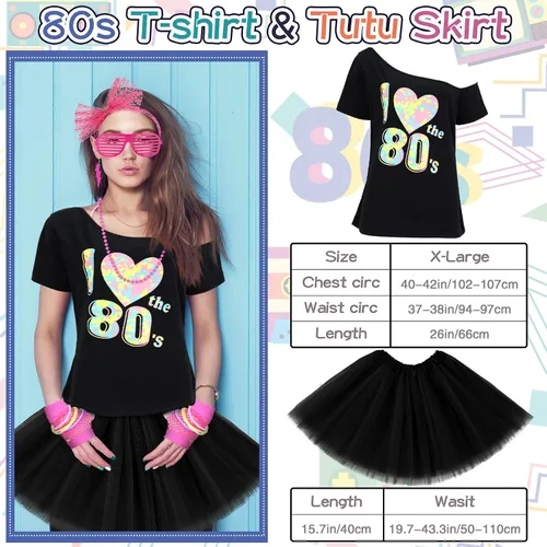 Vista 3 de Conjunto de disfraz de mujer de los años 80, leggings y pantalones para mujer, camiseta de los años 80, faldas de tul, guantes, collares, pulseras