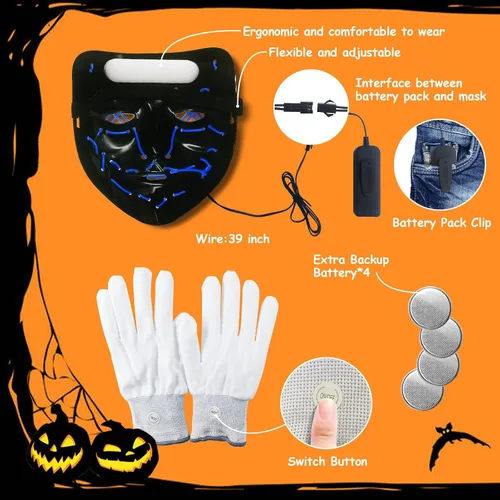 Vista 3 de Party Spot Light Up Halloween Mask For Kids Purge Mask With Gloves Scary Scream Anonymous Mask Hacker Mask With 3 Modes
