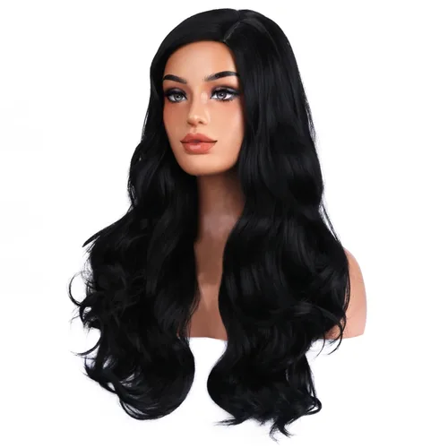 Vista 3 de RightOn Peluca negra larga ondulada negra para mujer, peluca ondulada negra para mujer, cosplay, fiesta, diario, red de pelo incluye Negro